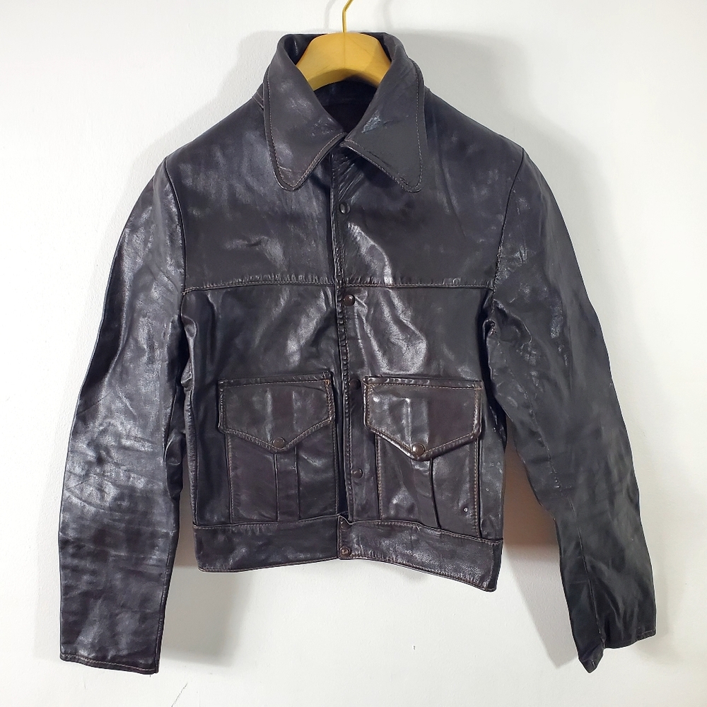 Vintage 70's Aviator Flight Jacket Bomber Chocolate Brown Leather Size S